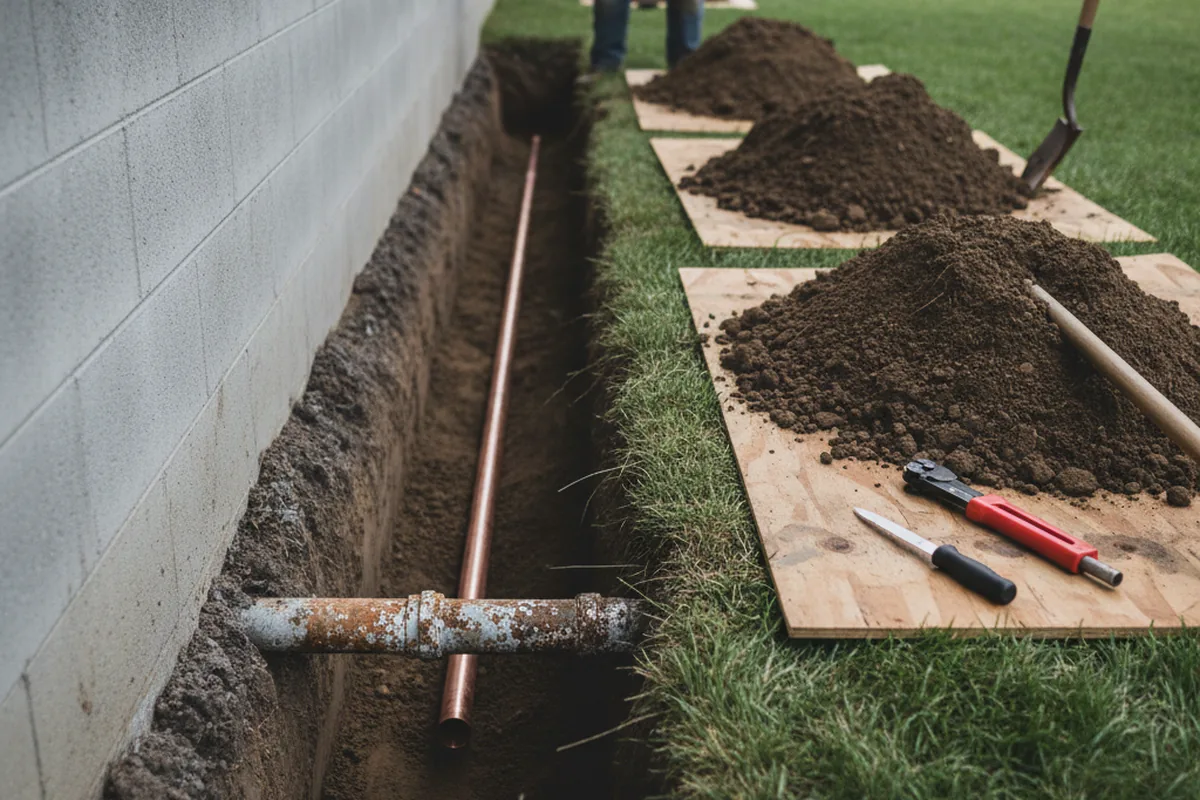 Excavated water line trench during Water Softener Installation in Huntingtown